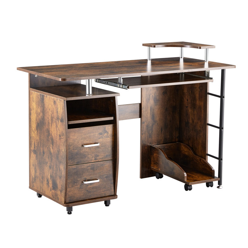 Antique Brown Desk With Drawer Storage And Stable Structure Rectangular Computer Keyboard Tray Ample