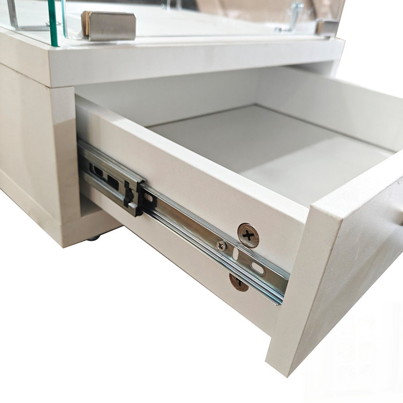 Vitrine moderne en verre avec tiroir, lumières DEL et tablettes en verre trempé pour un rangement et une présentation élégants