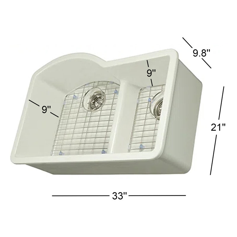 Évier de cuisine à double cuve avec grille et crépine L 33 po x l 21 po Yorkshire Fireclay
