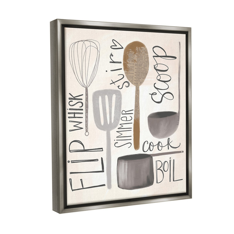 "Kitchen phrases and ustensiles" par Katie Doucette sur toile, Cadre flottant gris lustré, H 31 po x l 25 po