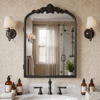 Arched Wall-Mount Medicine Cabinet with Ornate Corner Detail – Vintage Style Bathroom Mirror with Storage, 3 Adjustable Shelves, Brushed Black, 16"x24"