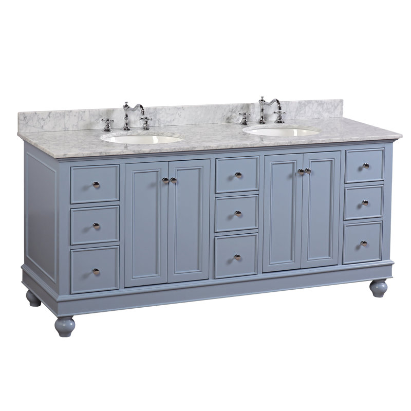 Ensemble de meuble-lavabo double 72 po Ferdinand, Bleu poudré, Marbre de Carrare