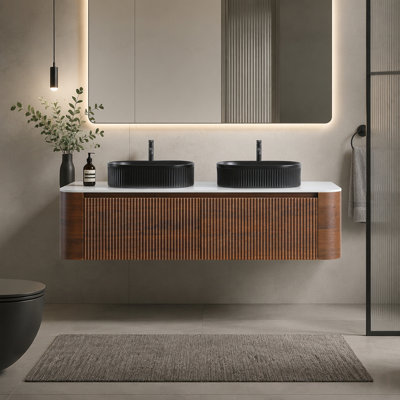 Meuble-lavabo de 60 po avec lavabo, armoire murale en noyer avec porte-serviettes gratuit, conception de lavabos en céramique rayés ovales doubles, sans drain et robinet, pré-assemblé