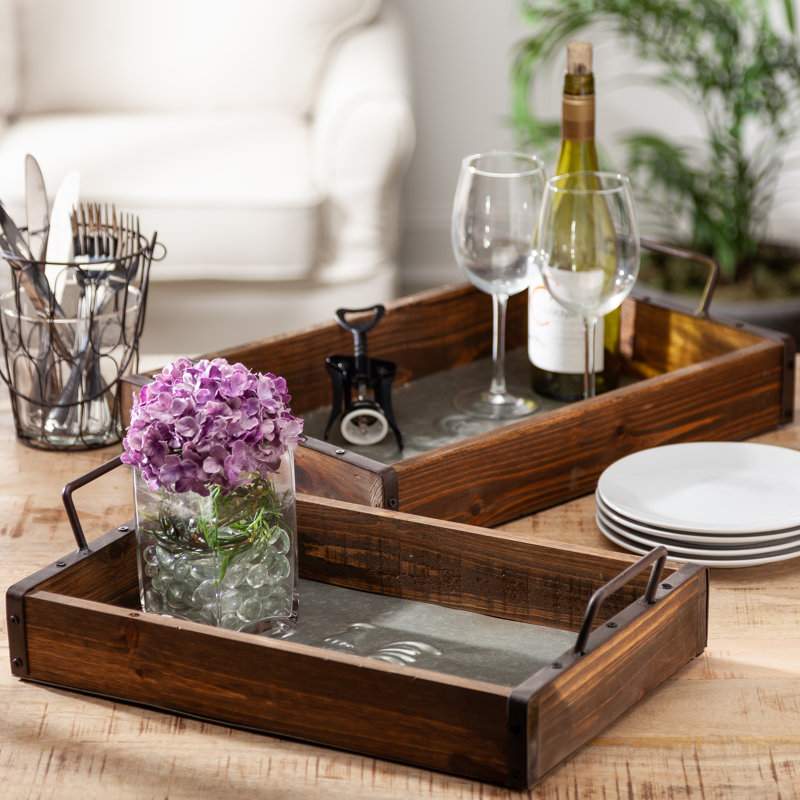 Artisanal Heritage: Set of 2 Rustic Wood and Metal Nesting Trays with Embossed Rooster Motif