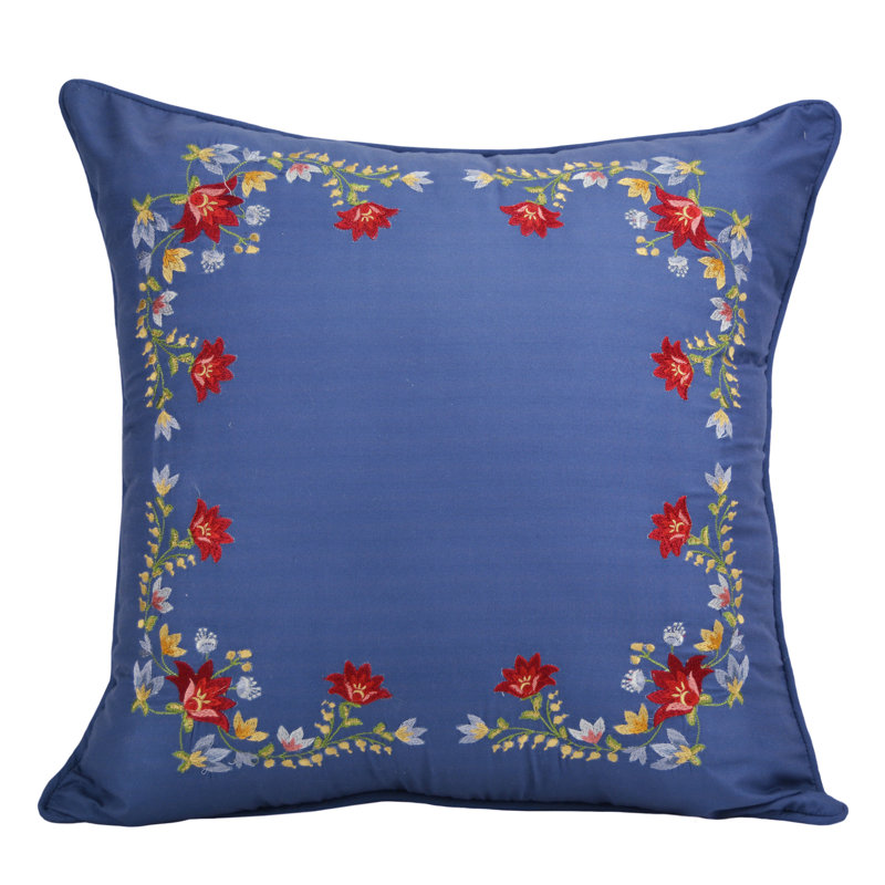 Navy Blue Floral Embroidered Square Throw Pillow 18"