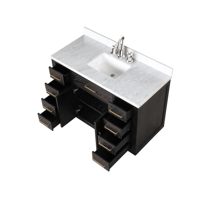 Ensemble de meuble-lavabo simple en chêne noir l 48 po x P 22 po, plateau en marbre de Carrare et robinet