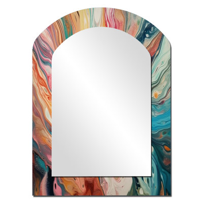 Teal Pink Marbled Whimsy III - Abstract Arch Decorative Mirror, Modern Asymmetrical Wall Mirror, Printed Metal Art