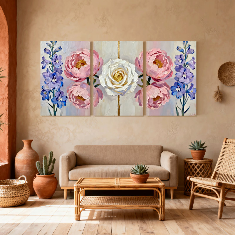 Plantes et fleurs, pivoines roses, blanc, rose, bleu, delphiniums, ensemble de 3 impressions sur toile, H 24 po x l 48 po