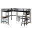 Lit mezzanine d'angle peu encombrant avec DEL ambiantes, tablettes organisationnelles, ports de chargement pour appareils et bureaux attachés