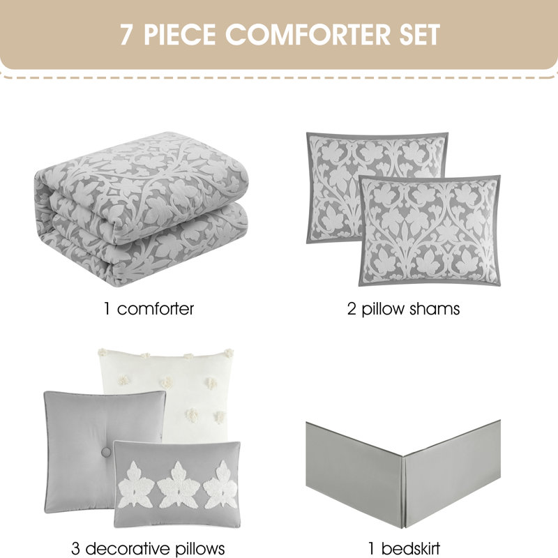 Ensemble d'édredon 7 pièces Adoria, Édredon de très grande taille et 6 pièces suppl, Blanc / Gris