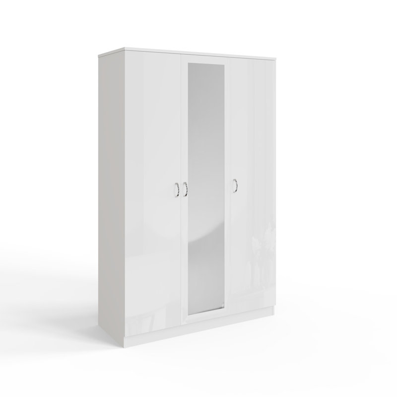 Brendle 3 Door Mirror Wardrobe - High Gloss Finish, Soft Close Doors, Full-Length Mirror, Polished Metal Handles, White