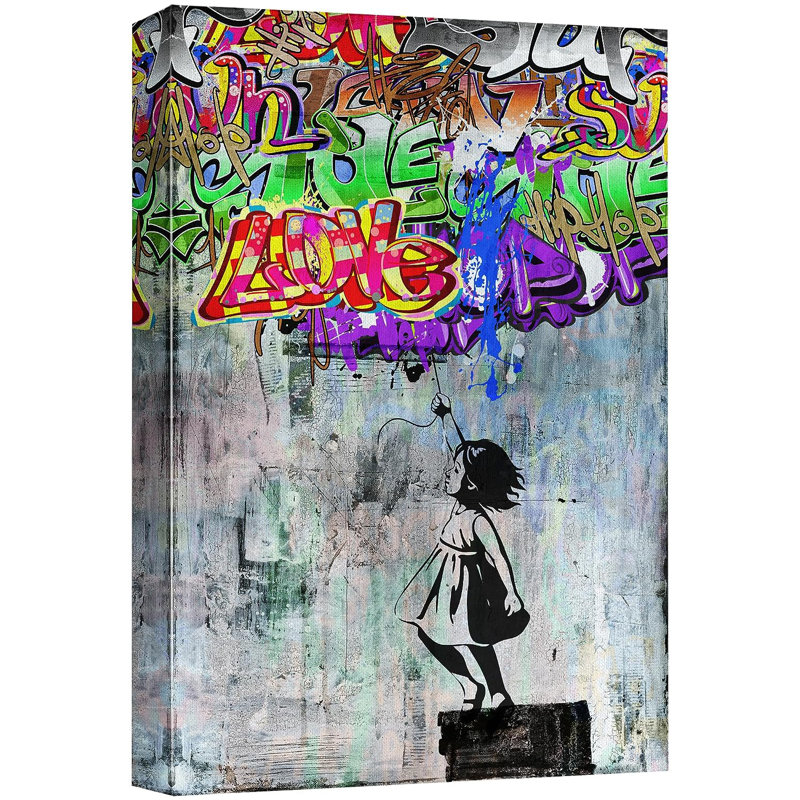 Petite fille étiquetant Banksy sur toile, Toile tendue, H 36 po x l 24 po, Sans cadre