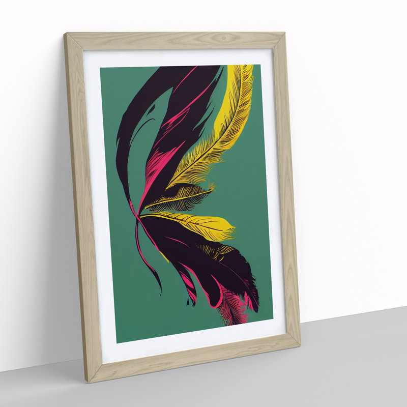 Colourful Feather No.4 - Print, 36cm H x 27cm W x 2cm D, Oak Framed, White