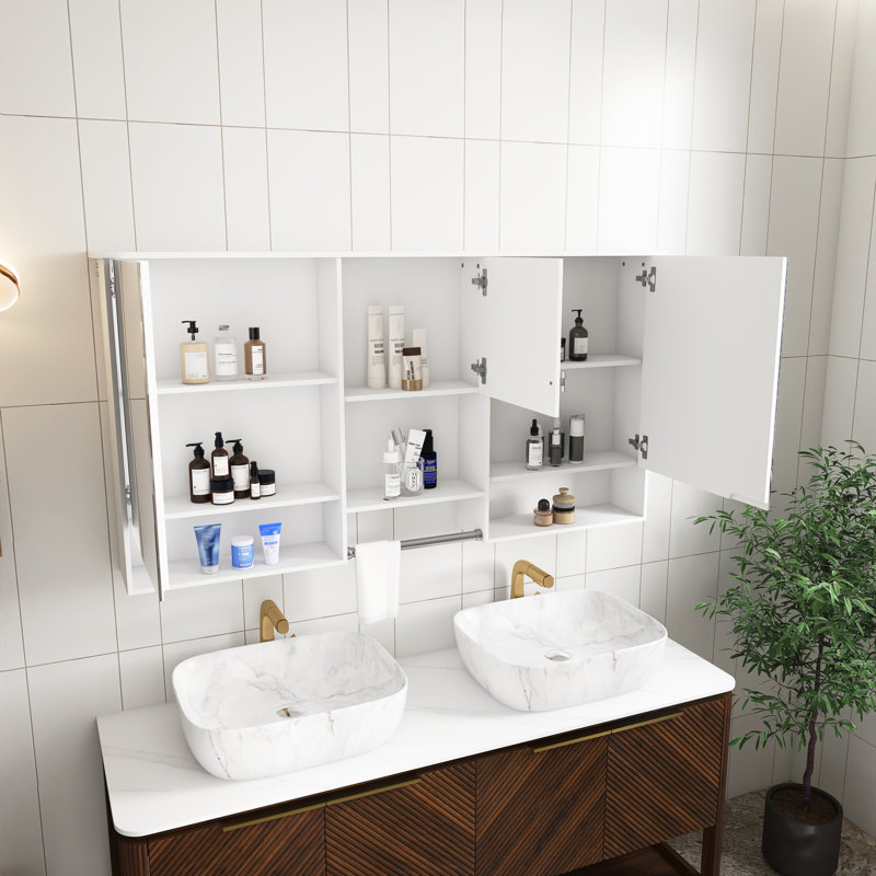 Armoire à miroir murale 3-en-1 de 55 po en MDF blanc de haute qualité avec tablette réglable, charnières à fermeture en douceur, pour meuble-lavabo de salle de bain, salon, rangement de chambre à coucher