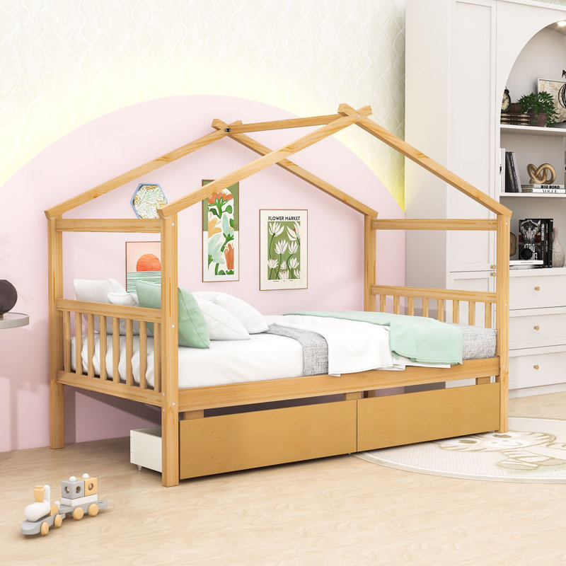 Souris Wood Daybed with 2 Big Drawers, Natural, Twin