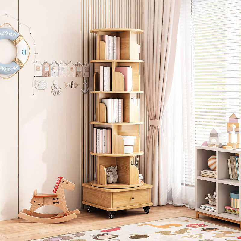 Bibliothèque à 6 niveaux avec roulettes et tiroir, couleur bois