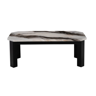 Modern Coffee Table With Faux Panda Marble Surface And Black Legs, 27 In. Wide Living Room Table, Finish, Rectangular Design