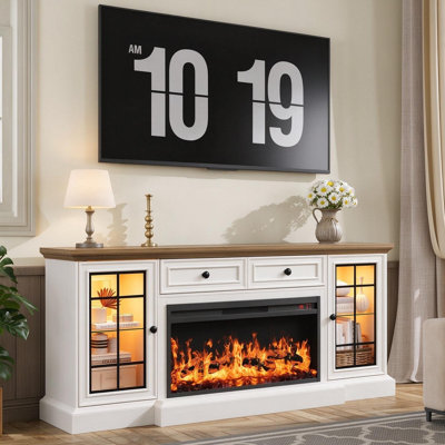 TV Stand for TVs up to 80" with Fireplace Included, 70'' Farmhouse Entertainment Center, Media Console with Ample Storage Space and Adjustable Shelves for Living Room
