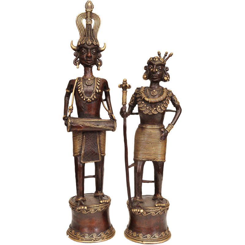 17" Handmade Bastar Tribal Couple Brass Statue Set - Dhokra Folk Art Jhitku Mitki Love Sculpture Cultural Home Decor Made in India