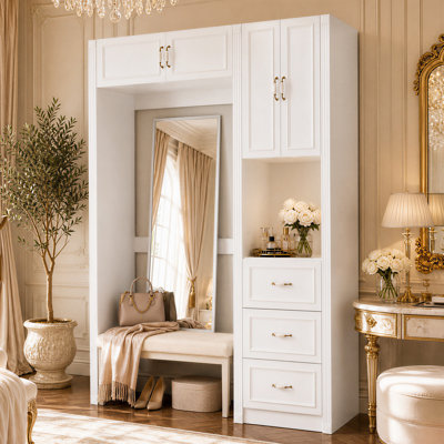 66.5" W Open Wardrobe & Dressing Station with 4 Cabinets, 3 Drawers & 38.2"W Flexible Center Space