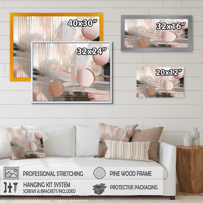 «Pink Rosegold Circle Chaos IV - Abstract Modern Shapes», art mural transitionnel, L 20 po x H 12 po x P 1 po