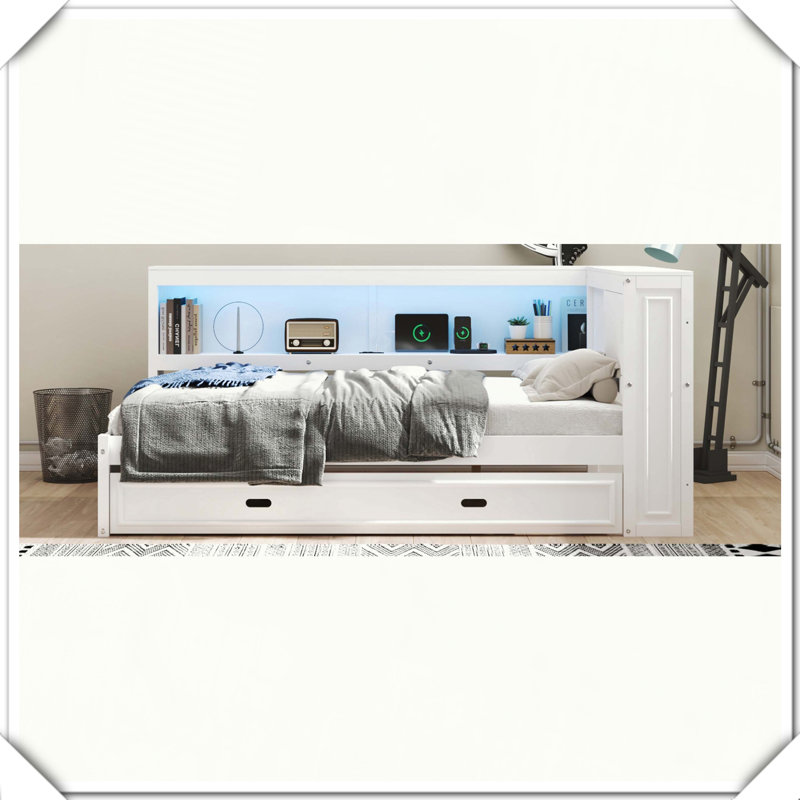 Wood Daybed Storage Shelves USB LED Trundle Space-Saving Practical Design,Full / Double, White