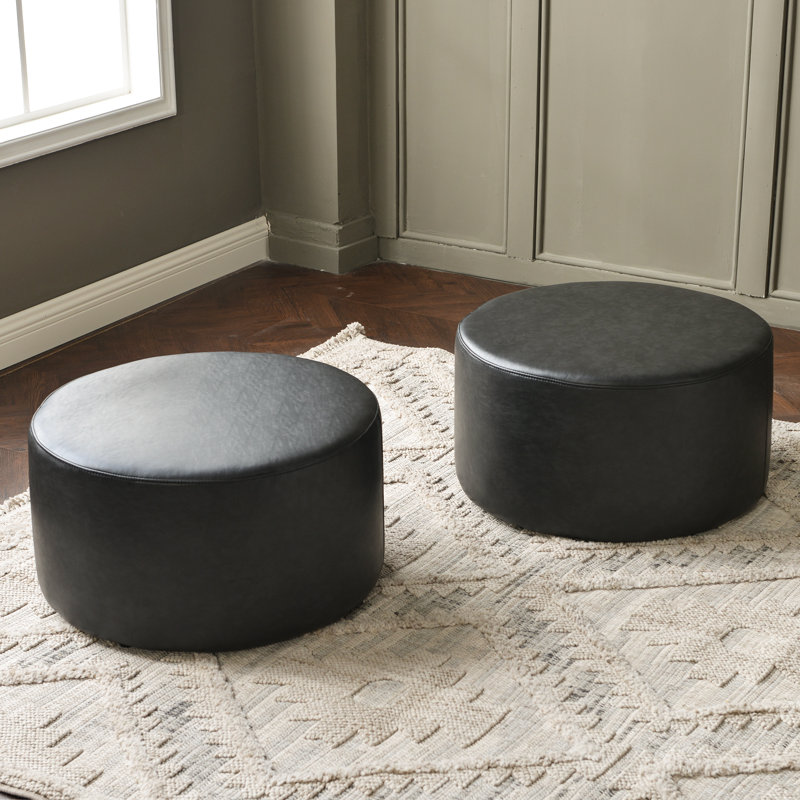 24" Wide Faux Leather Round Upholstered Ottoman Set Of 2, Black