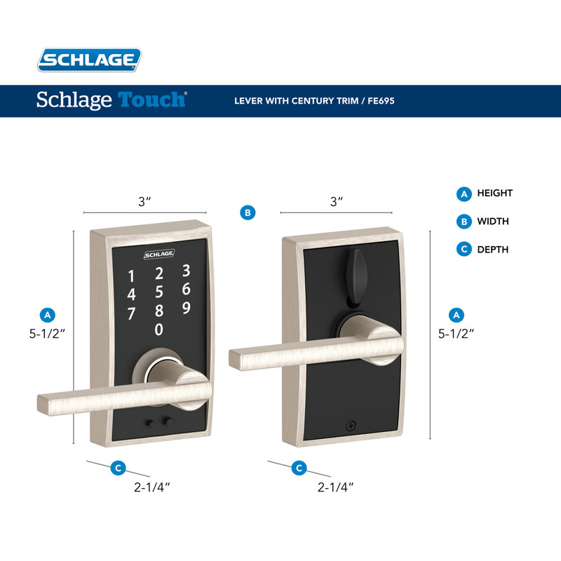 Schlage Touch Keyless Touchscreen Lever with Century Trim and Latitude Lever, Matte Black