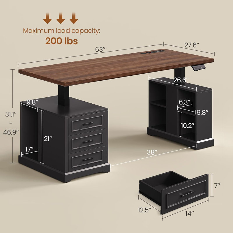Bureau debout électrique Farmhouse, bureau d'ordinateur à hauteur réglable de 63 po avec 3 tiroirs, Noir