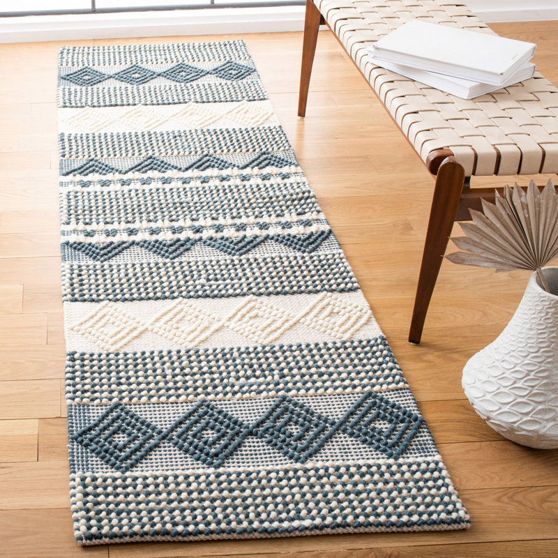Southwestern Hand Woven Wool/Cotton Southwestern Rug, Runner 2'3" x 6', Dark Green/Ivory