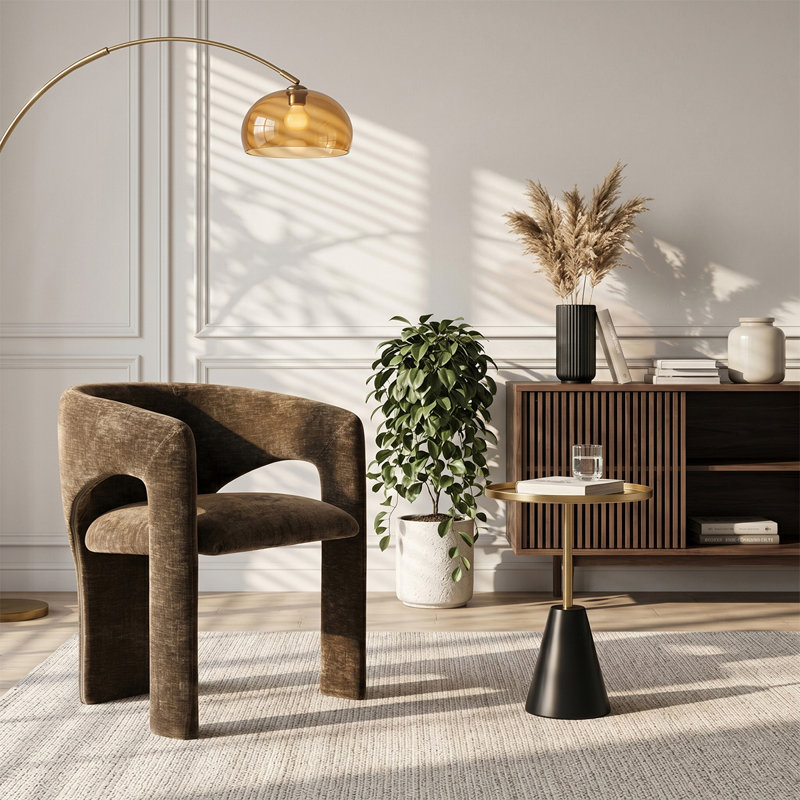 Chaise d'appoint moderne sculpturale avec dossier enveloppant incurvé et assise rembourrée, Brun chocolat
