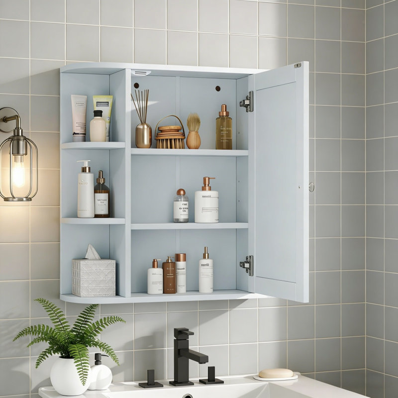 Bathroom Wall Storage Cabinet With Mirror, Medicine Cabinet With Adjustable Wood Shelf & Doors, Mounted Storage Cabinets With 6 Open Shelves, White