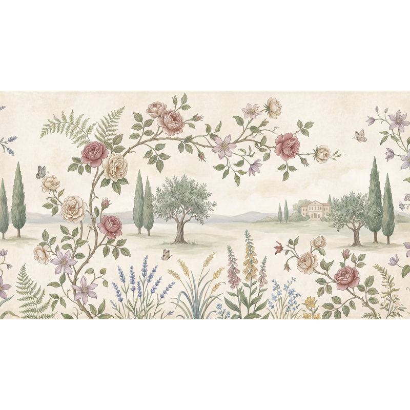 Papiers peints pastoraux avec bordure et papillons, 100 po x 96 po, Texturé non collé