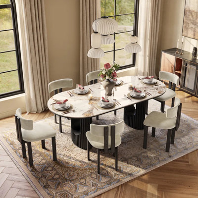 Mid-Century Modern Oval Dining Table For 8, Scratch-Resistant Glossy Sintered Stone Top & Walnut Fluted Pedestal Base, Easy-To-Clean Kitchen Table, Fluted Dining Table, Japandi Dining Table