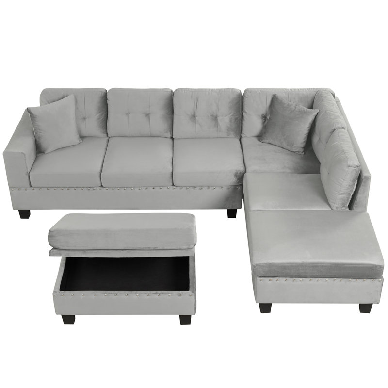 Canapé modulaire 105 po avec repose-pieds de rangement 105 po, Velours gris velours