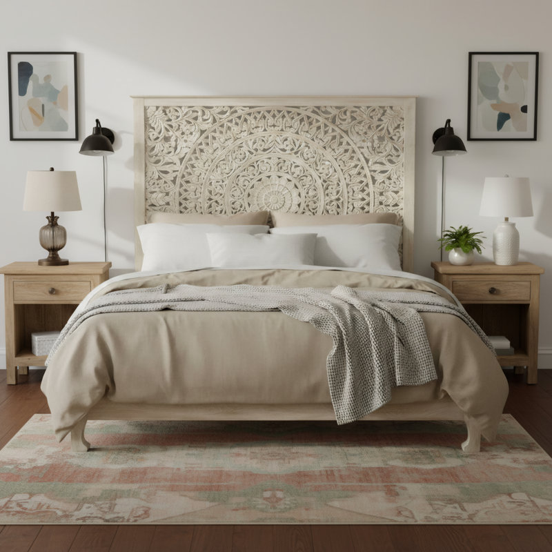 Aarohi Solid Wood Low Profile Standard Bed, Queen, White