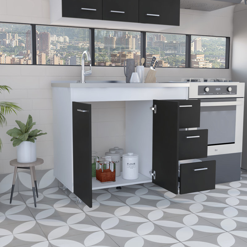 Ferretti Utility Sink Base Cabinet with Three Drawers and Two Doors for Interior Storage, White/Black Wenge