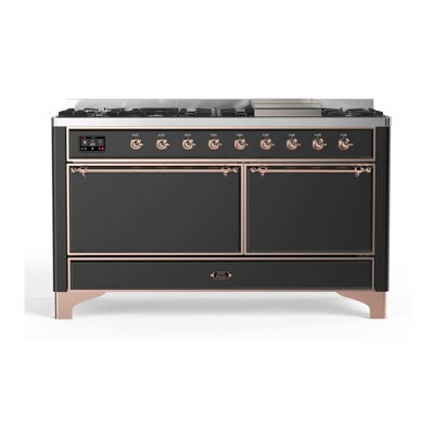 ILVE UM15FDQNS3BKCLP Majestic II 60 inch Dual Fuel Range with 9 Burners, Griddle (Liquid Propane, Solid Door, Glossy Black, Chrome)