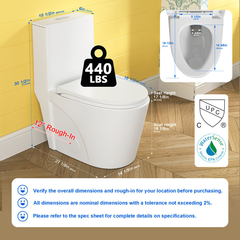 Toilette allongée compacte moderne d'une seule pièce avec hauteur de confort conforme à l'ADA de 17,1 po, économie d'eau double chasse 1,1 / 1,6 GPF, CARTE 1000 g (siège UF inclus)
