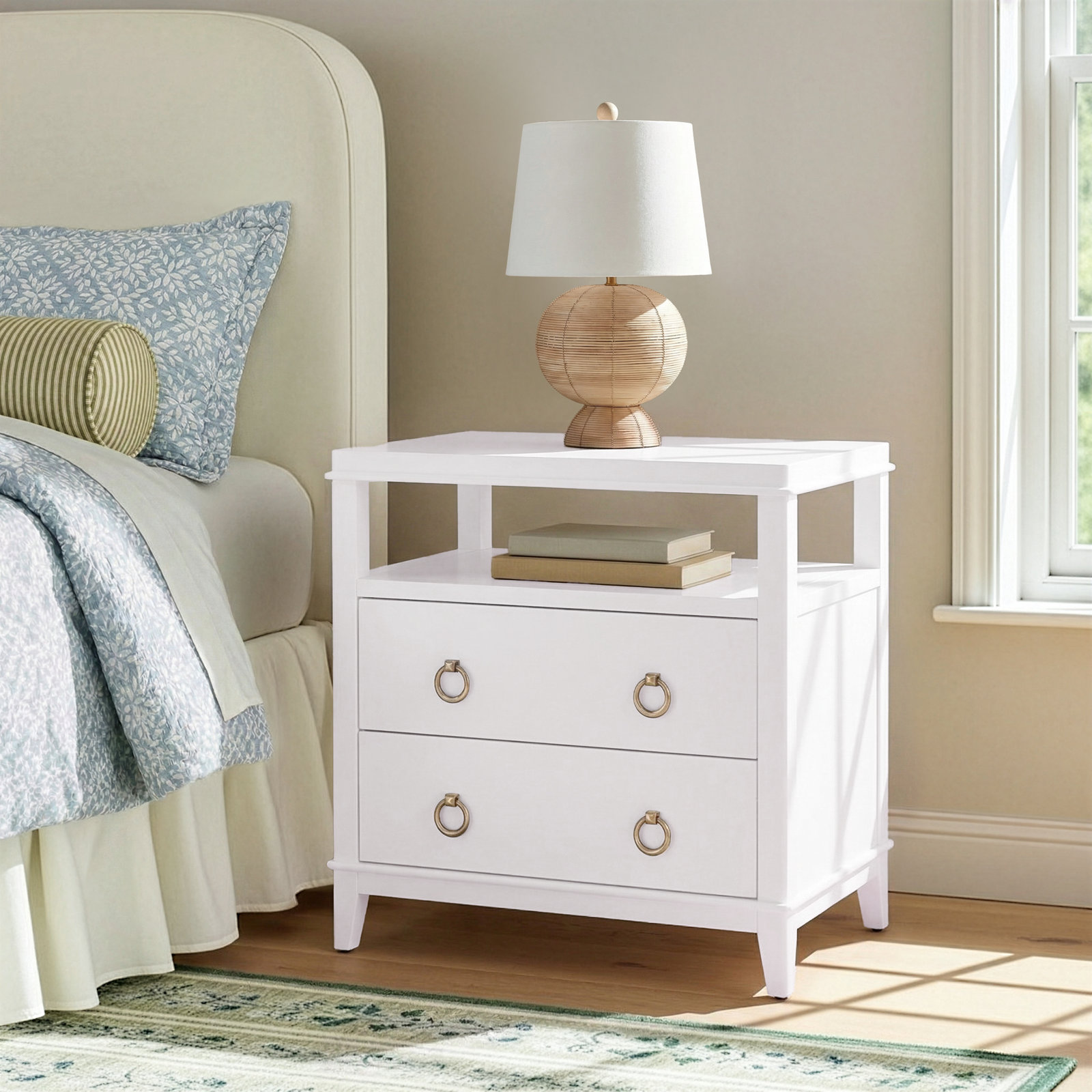 2-Drawer Acacia Nightstand, White