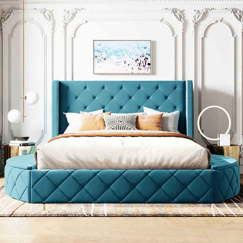 Lit tapissier grand avec velours bleu, tête de lit à oreilles et rangement latéral - bleu, Bleu