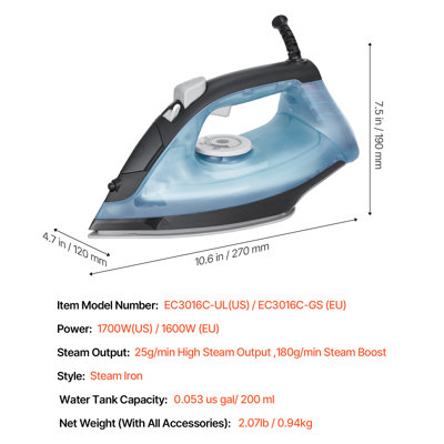 Fer à repasser vapeur 1700 W, semelle en alliage d'aluminium et PTFE, arrêt automatique, autonettoyant, quatre réglages de température, chauffe-eau rapide, système anti-gouttes, idéal pour le repassage à domicile.