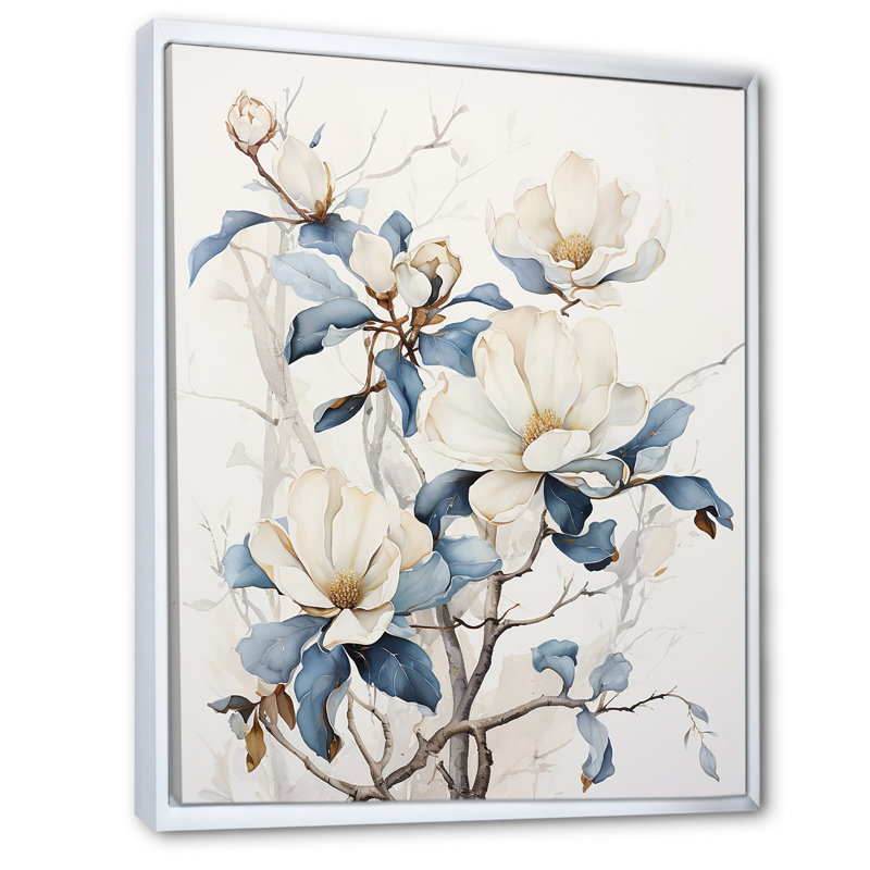 «Magnolias III» peinte en bleu et blanc sur toile, Cadre flottant blanc, H 40 po x l 30 po x P 1,5 po