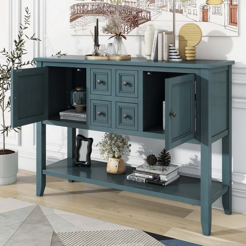 Ample console de rangement rétro avec quatre petits tiroirs et une tablette inférieure pour les salons, les entrées et les cuisines