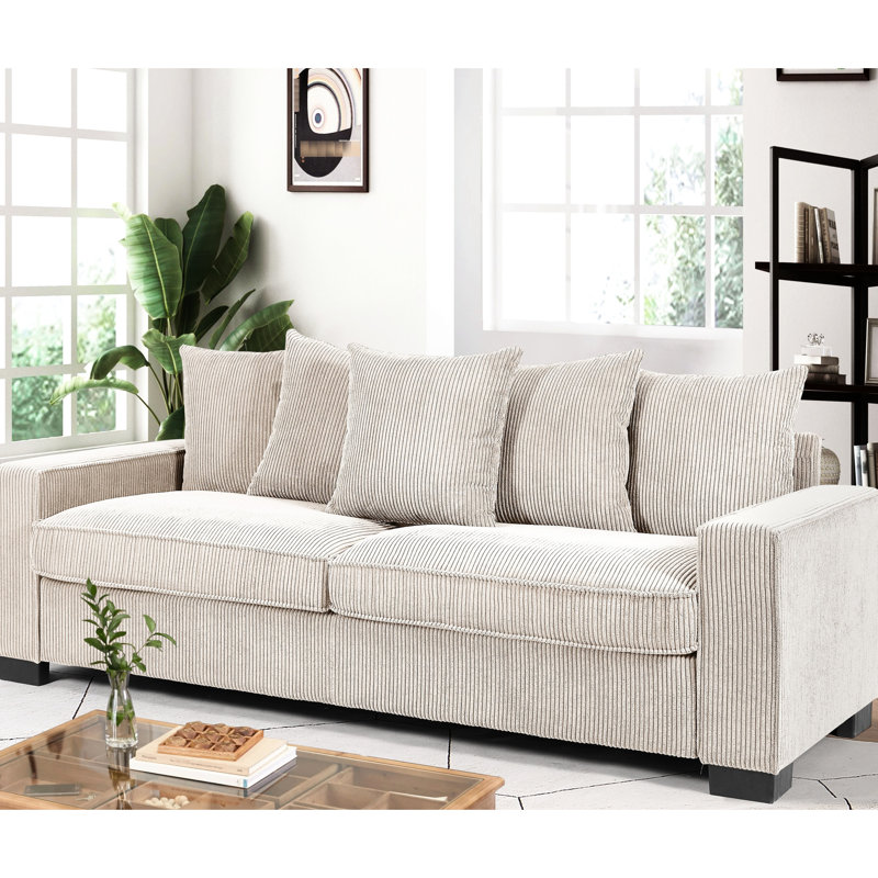 Velours côtelé confortable à 3 places avec 5 coussins pour salon moderne Coussins spacieux, agrafes, Ivoire ivoire