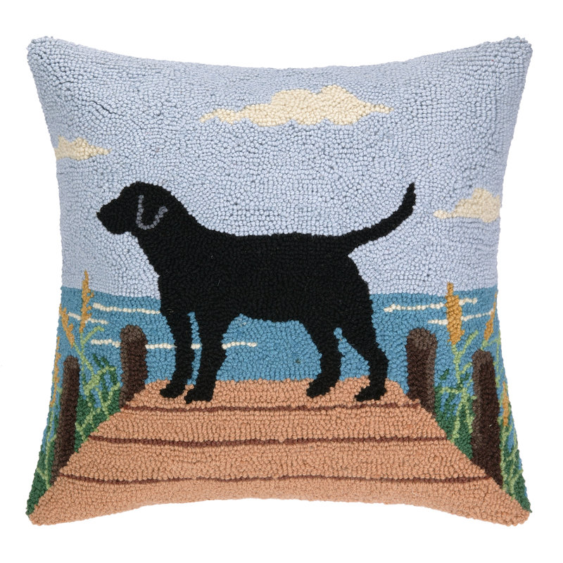 The Pillow Shoppe Black Lab on Dock Wool Hook Pillow with Removable Cover for Lake House or Cabin, 18" Square