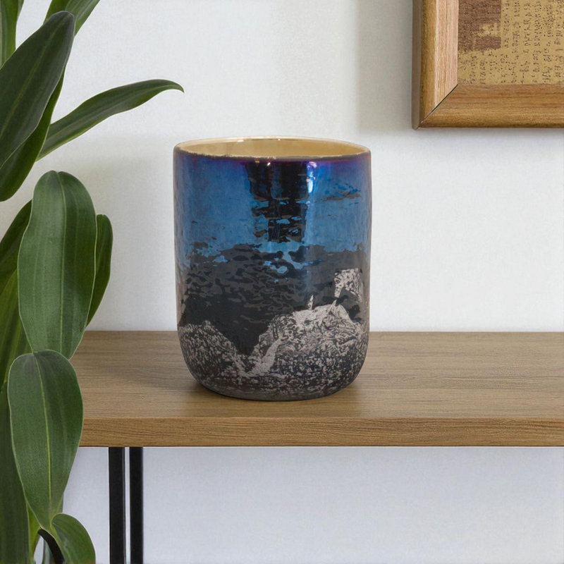 Porte-bougie de table en verre abstrait bleu marine et argenté 5 po