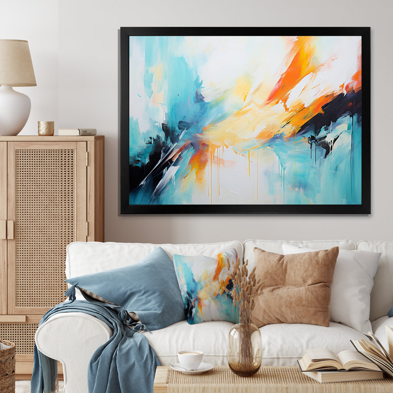 Azur bleu jaune fusion 3 - art mural abstrait, Cadre d'angle fermé noir, H 16 po x l 32 po x P 1 po