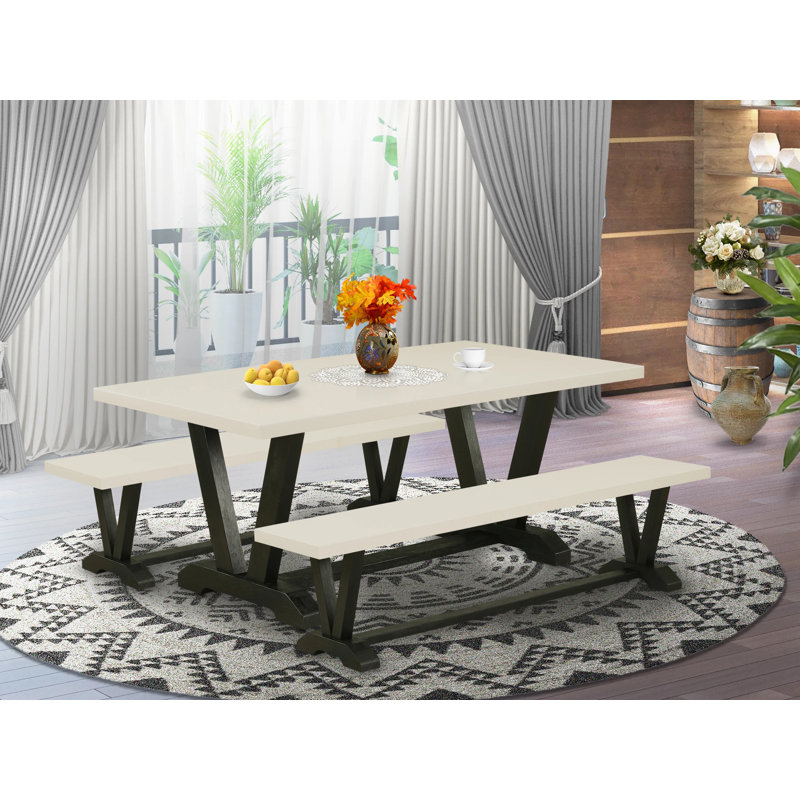 Ensemble de 3 petites tables de salle à manger comprenant une table et 2 bancs de table - Lin blanc (blanc cassé) et finition noire brossée 