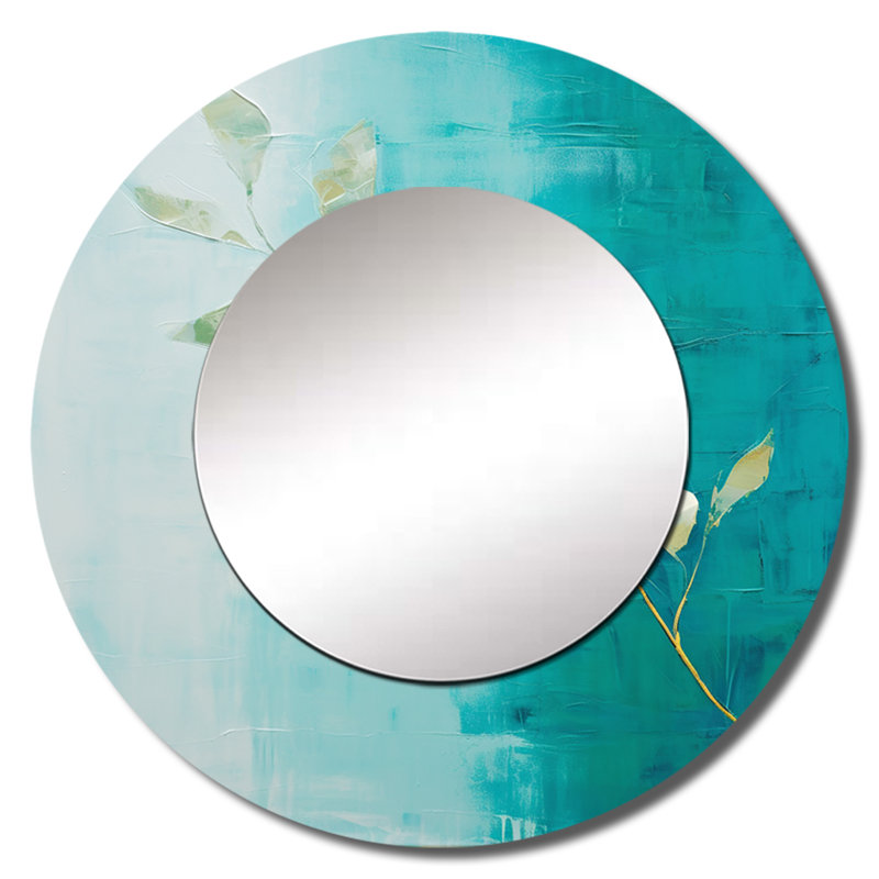 Sharita turquoise abstrait feuille harmonie - feuilles unique miroir décoratif mural, grand miroir rond turquoise, art imprimé en métal